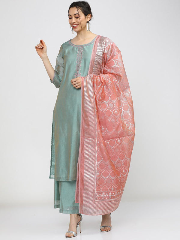 Vishudh Women Blue & Pink Regular Kurta with Trousers & Dupatta