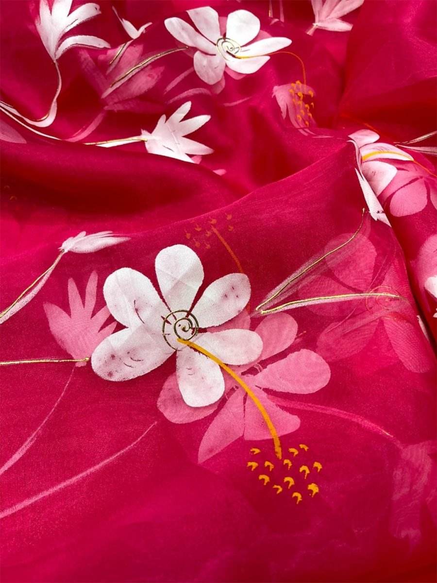 Anouk Pink Floral Printed Organza Saree - Distacart