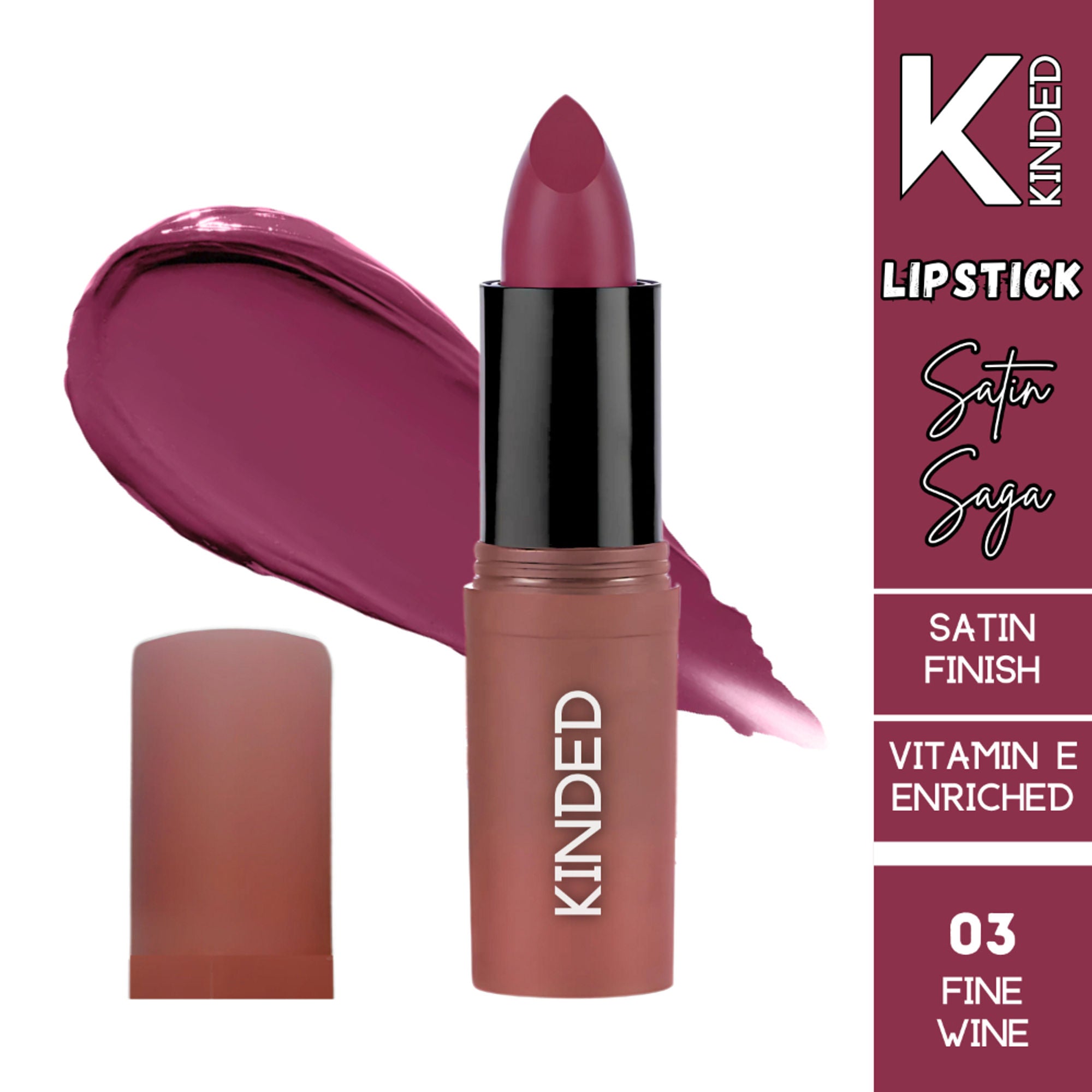 kinded satin saga bullet creamy lipstick with satin finish vitamin e 03 fine wine