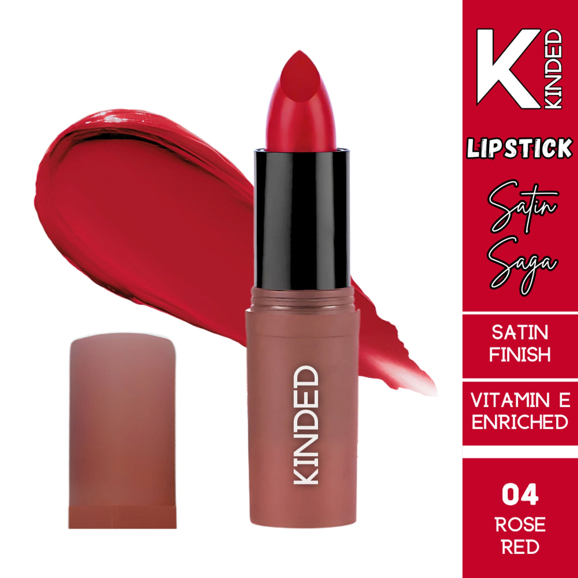 kinded satin saga bullet creamy lipstick with satin finish vitamin e 04 rose red