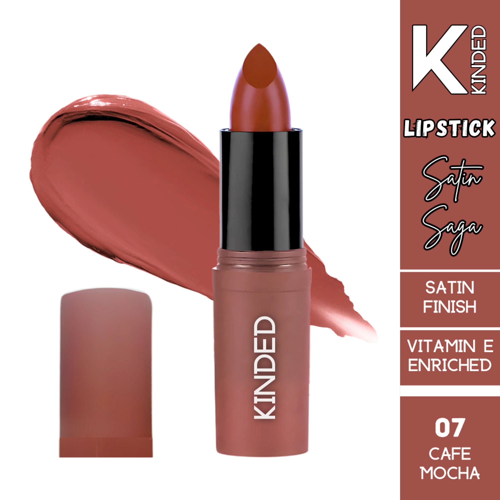 kinded satin saga bullet creamy lipstick with satin finish vitamin e 07 cafe mocha