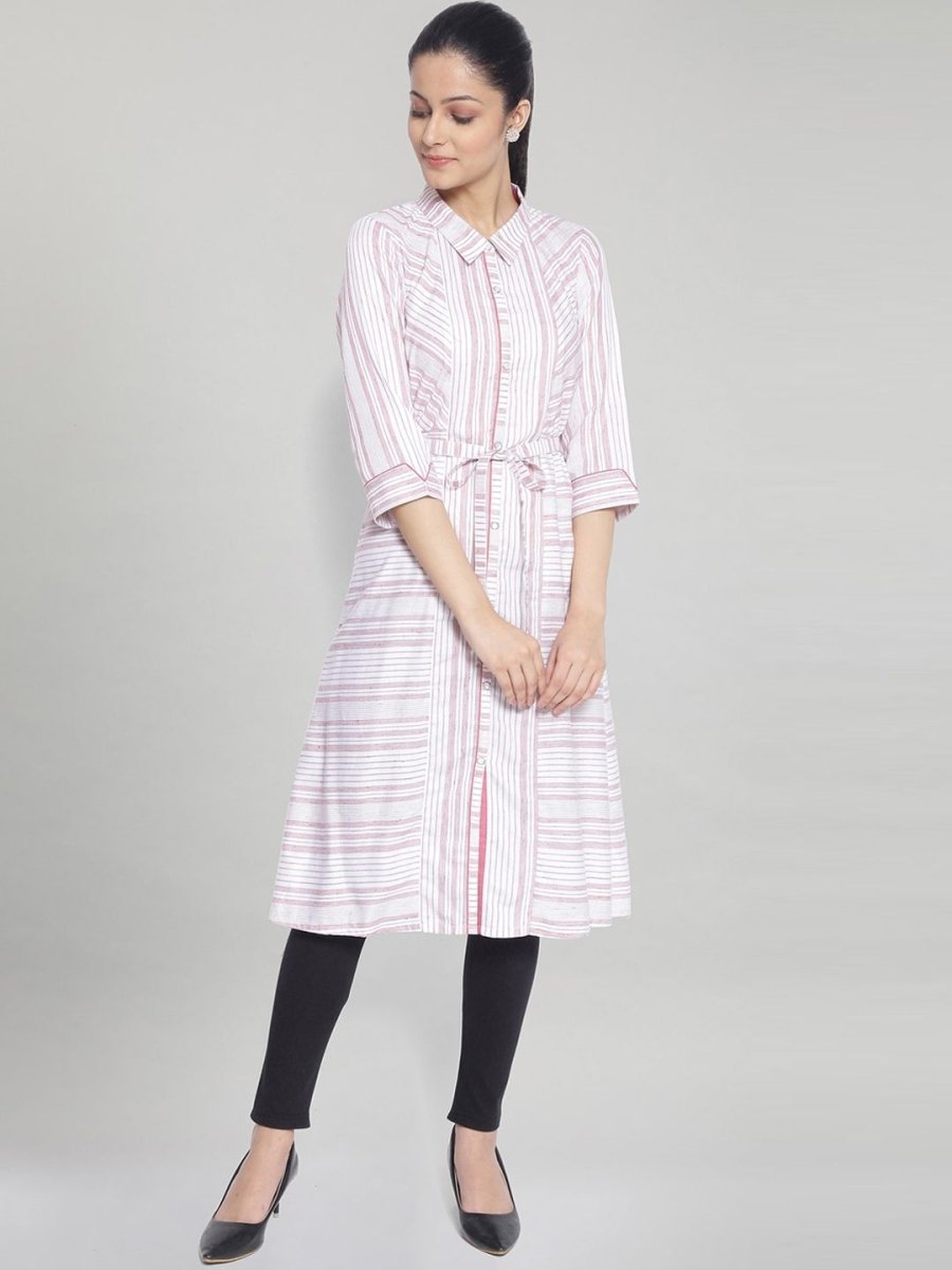 AURELIA White & Pink Striped Shirt Dress With Waist Tie Up - Distacart