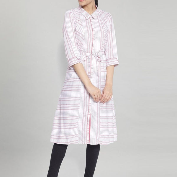 AURELIA White & Pink Striped Shirt Dress With Waist Tie Up - Distacart