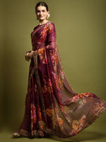 Thumbnail for Anouk Magenta & Orange Floral Printed Sequined Pure Georgette Saree - Distacart