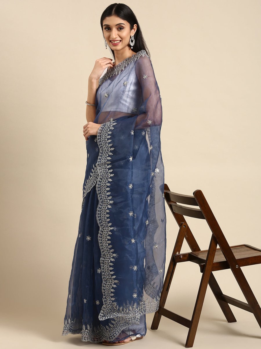 Anouk Navy Blue & Silver-Toned Sequinned & Woven Design Organza Saree - Distacart
