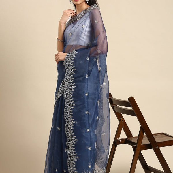 Anouk Navy Blue & Silver-Toned Sequinned & Woven Design Organza Saree - Distacart