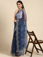 Thumbnail for Anouk Navy Blue & Silver-Toned Sequinned & Woven Design Organza Saree - Distacart
