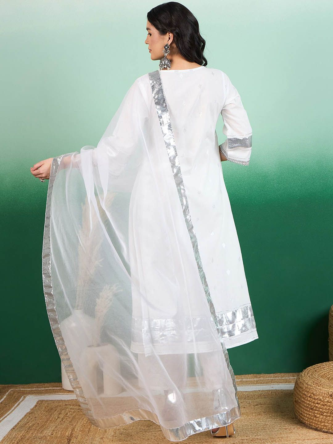 Sangria White Ethnic Motifs Printed Angrakha Kurta With Trouser & Dupatta - Distacart