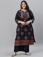 Thumbnail for Sztori Plus Size Floral Printed Round Neck Straight Kurta with Palazzos - Distacart