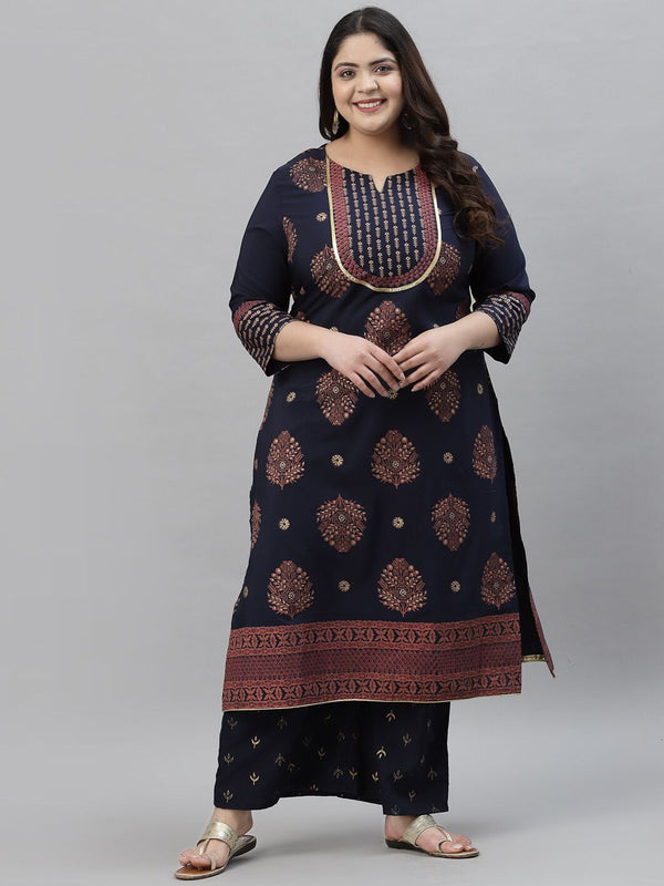 Sztori Plus Size Floral Printed Round Neck Straight Kurta with Palazzos - Distacart