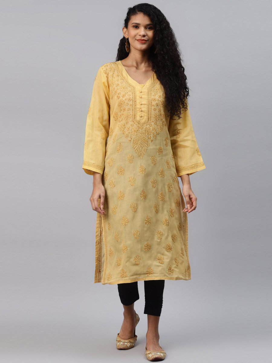 ADA Women Beige & Black Ethnic Motifs Embroidered Chikankari Handloom Kurta with Trousers - Distacart