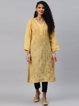ADA Women Beige & Black Ethnic Motifs Embroidered Chikankari Handloom Kurta with Trousers - Distacart