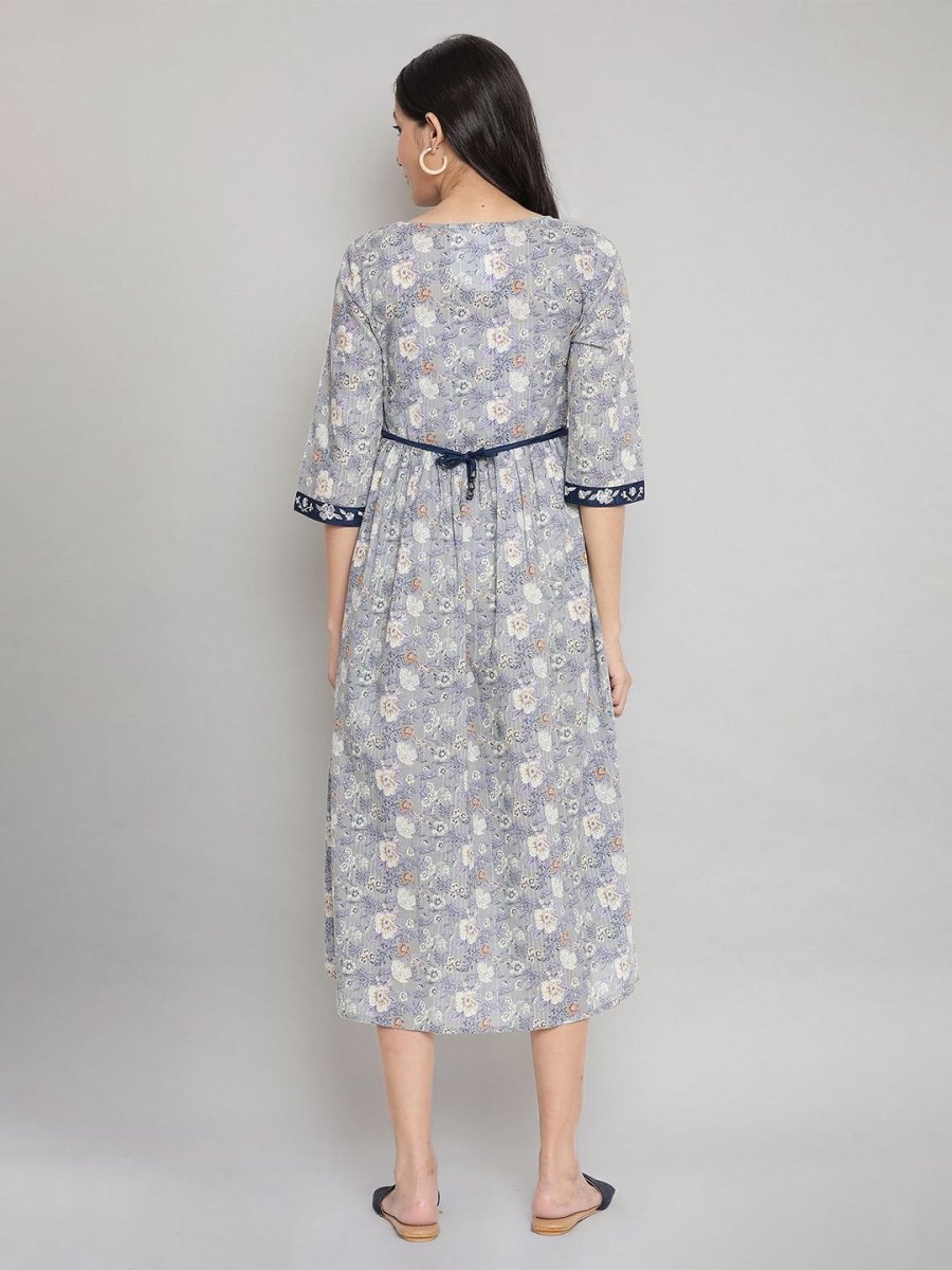 AURELIA Grey Floral Printed Midi Pure Cotton Dress