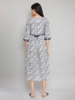 Thumbnail for AURELIA Grey Floral Printed Midi Pure Cotton Dress
