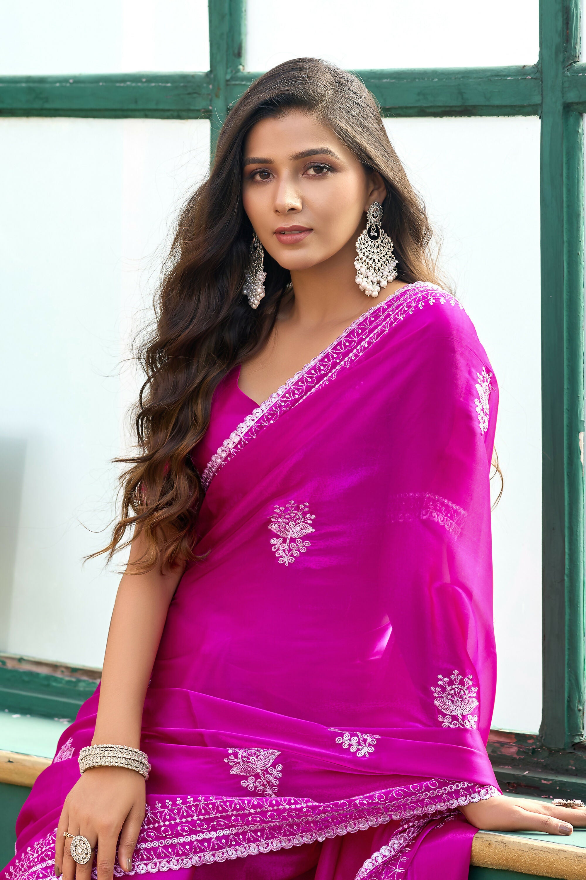 Vastranavya Pink Embroidery Work Shimmer Chiffon Saree with Unstitched Blouse
