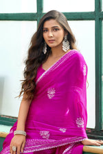 Thumbnail for Vastranavya Pink Embroidery Work Shimmer Chiffon Saree with Unstitched Blouse