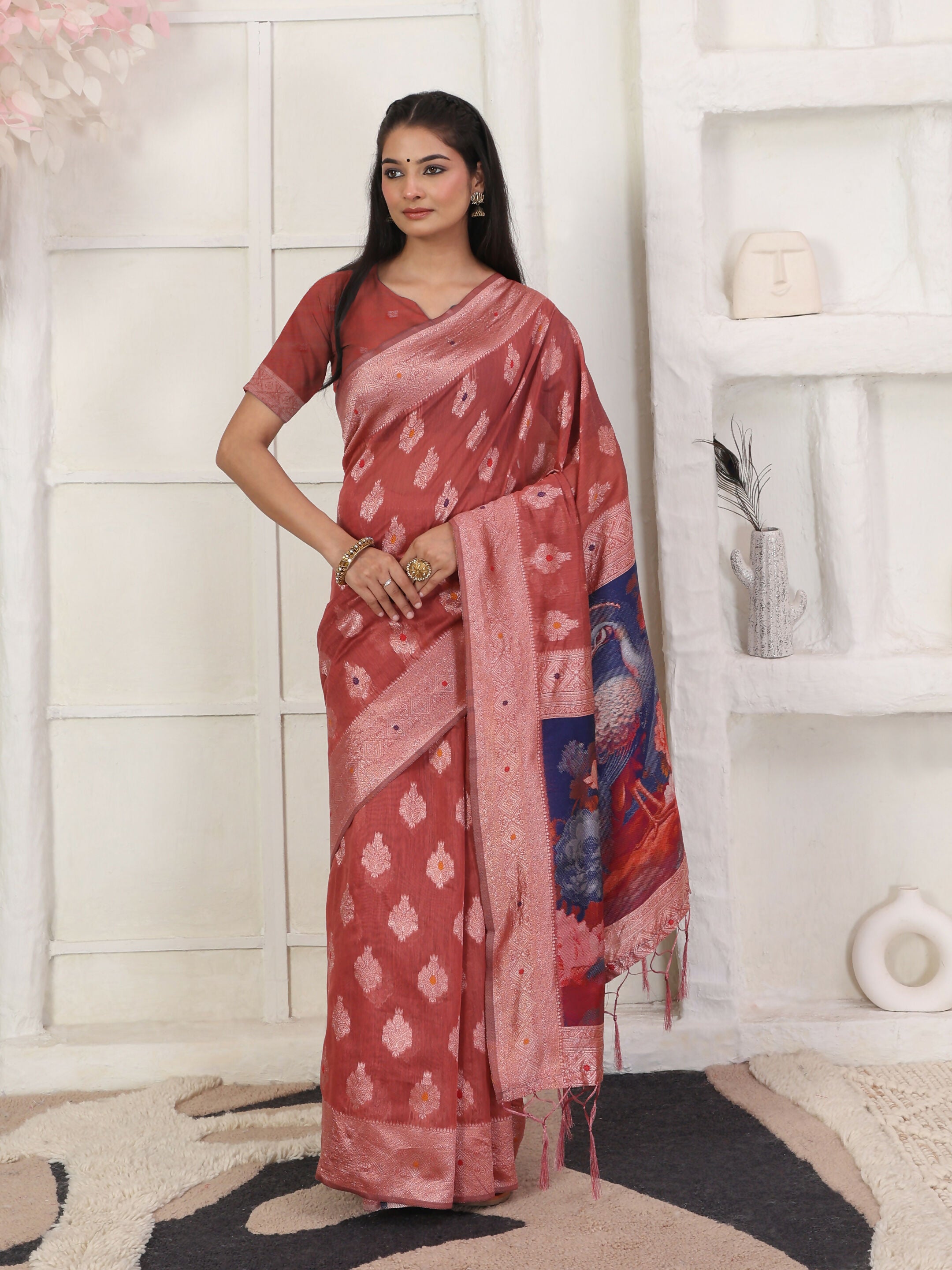 Astita Linen Cotton Rust Saree