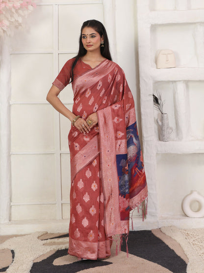 Shree Shyam Fashion Linen Cotton Rust Saree - Distacart