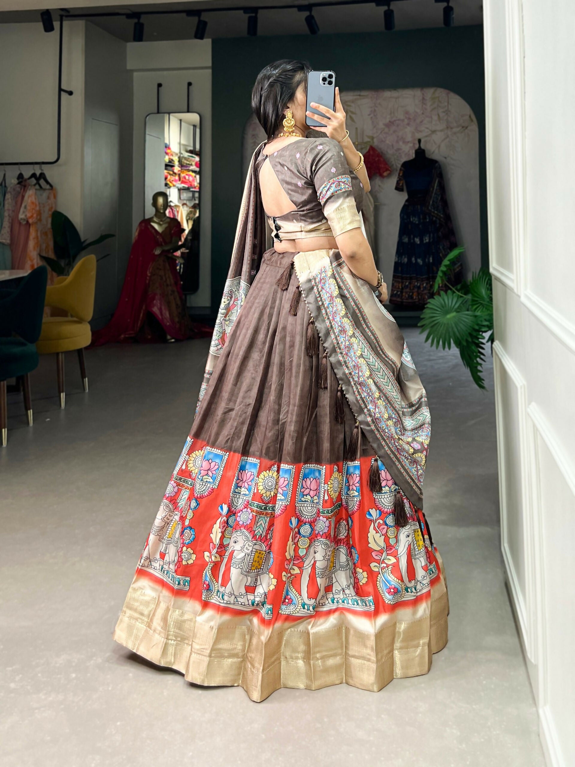 Vastranavya Kalamkari Print With Weaving Border Lehenga with Unstitched Blouse - Brown - Distacart