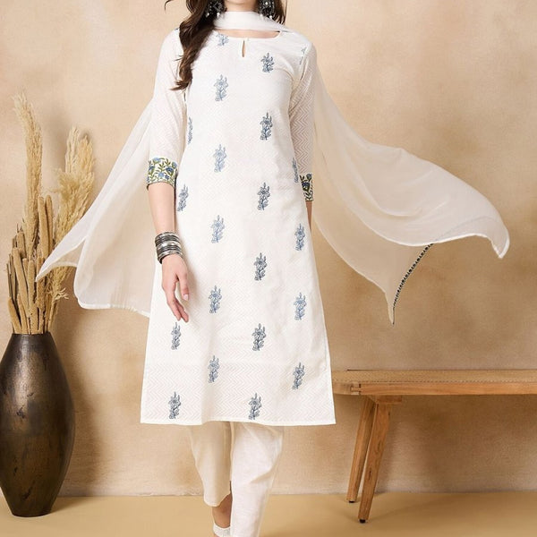 Anouk Floral Embroidered Thread Work Pure Cotton Straight Kurta with Trousers & Dupatta - Distacart