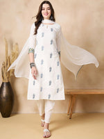 Thumbnail for Anouk Floral Embroidered Thread Work Pure Cotton Straight Kurta with Trousers & Dupatta