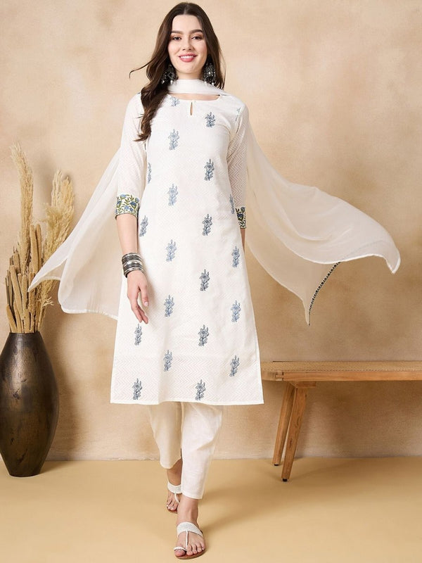 Anouk Floral Embroidered Thread Work Pure Cotton Straight Kurta with Trousers & Dupatta