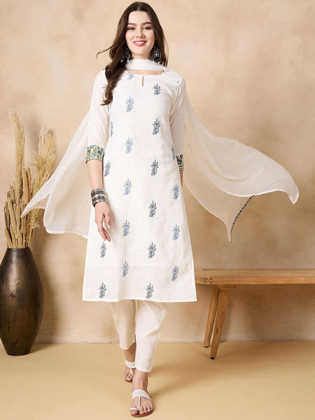 Anouk Floral Embroidered Thread Work Pure Cotton Straight Kurta with Trousers & Dupatta