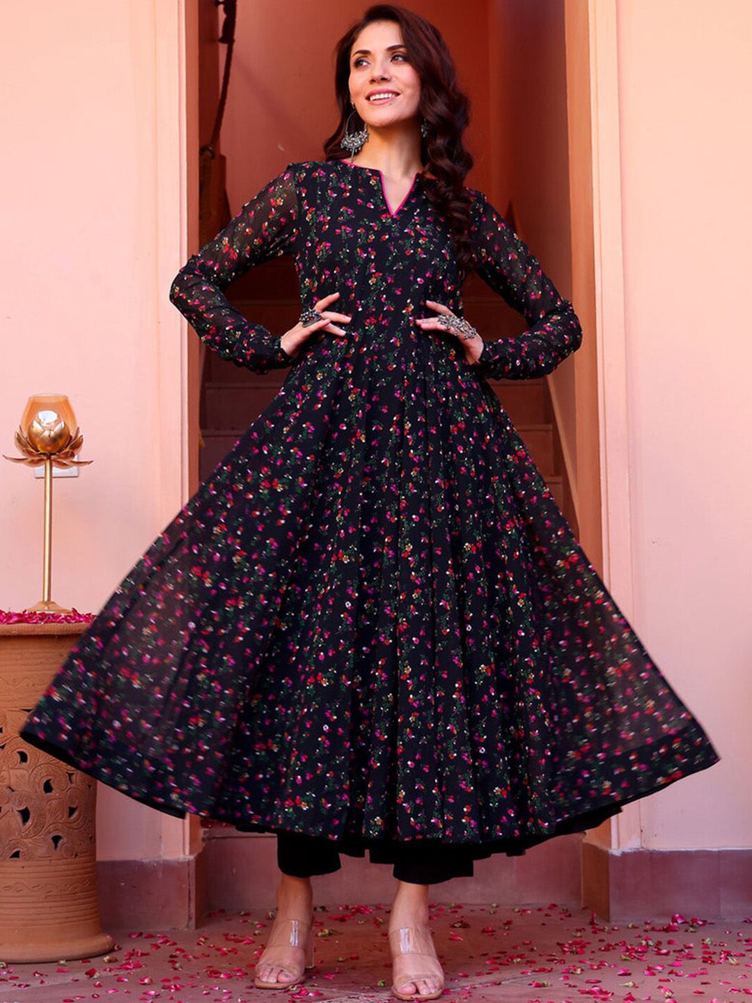 Kalini Floral Printed Round Neck Long Sleeves Georgette Anarkali Kurta - Distacart