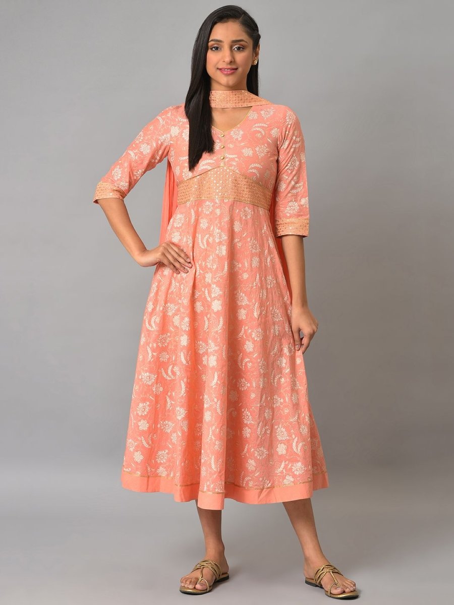 AURELIA Floral Print Sequinned A-Line Pure Cotton Midi Ethnic Dress With Dupatta - Distacart