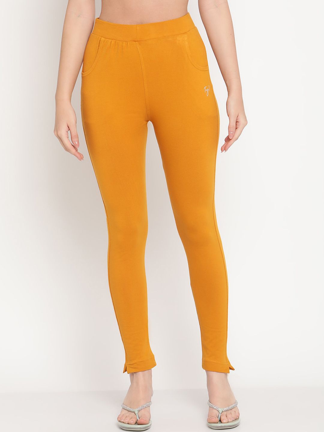 TAG 7 Women Pack of 2 Mustard Yellow & White Solid Leggings - Distacart