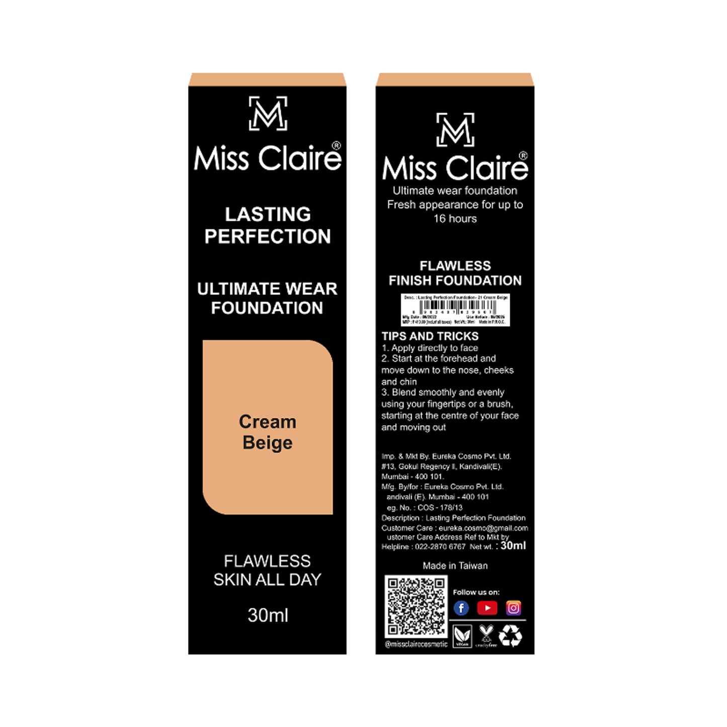 Miss Claire Lasting Perfection Ultimate Wear Foundation - 21 Cream Beige - Distacart