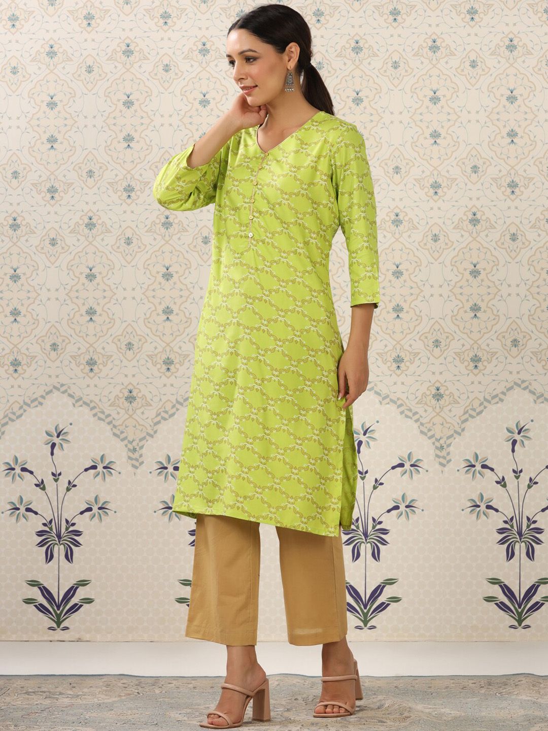Ode by House of Pataudi Lime Green & Beige Printed V Neck Kurta With Palazzos - Distacart
