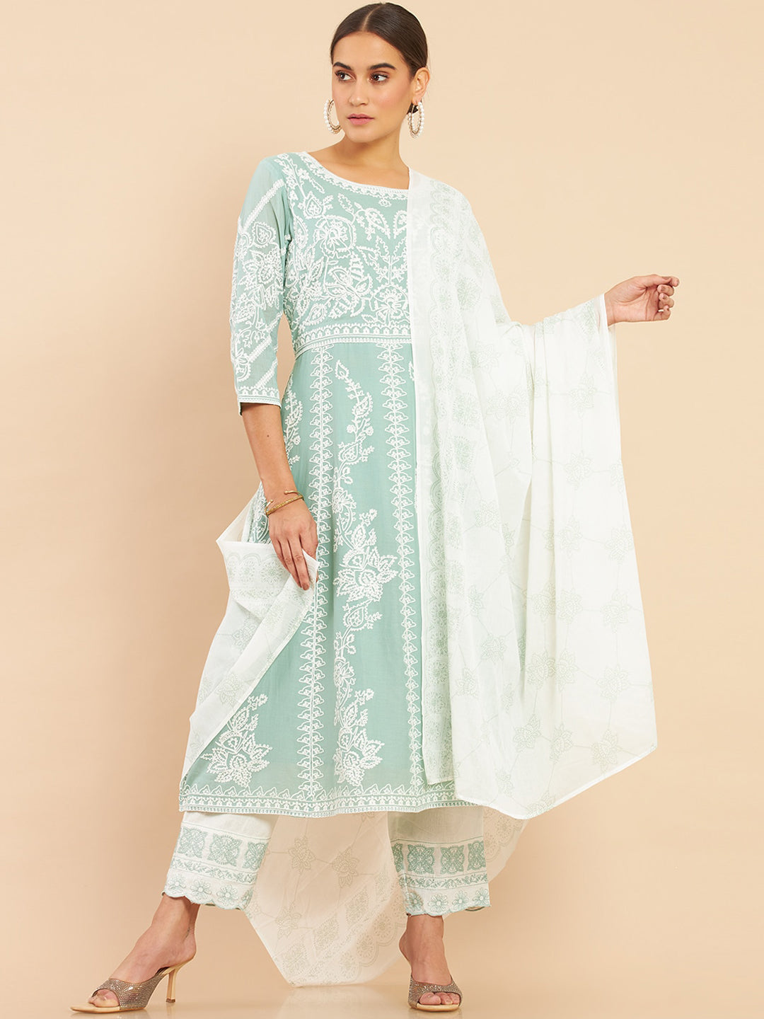 Soch Women Green Floral Embroidered Empire Thread Work Pure Cotton Kurta with Trousers & With Dupatta - Distacart