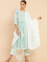 Thumbnail for Soch Women Green Floral Embroidered Empire Thread Work Pure Cotton Kurta with Trousers & With Dupatta - Distacart