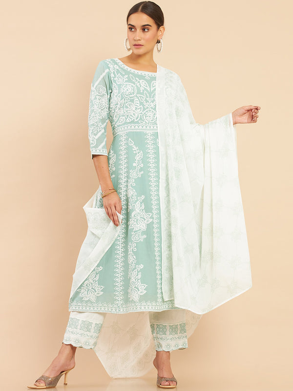 Soch Women Green Floral Embroidered Empire Thread Work Pure Cotton Kurta with Trousers & With Dupatta - Distacart