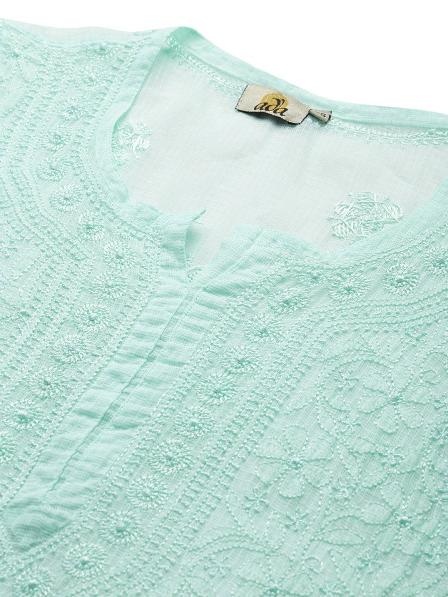 ADA Women Sea Green Chikankari Hand Embroidered Straight Kota Handloom Kurta With Matching Slip - Distacart