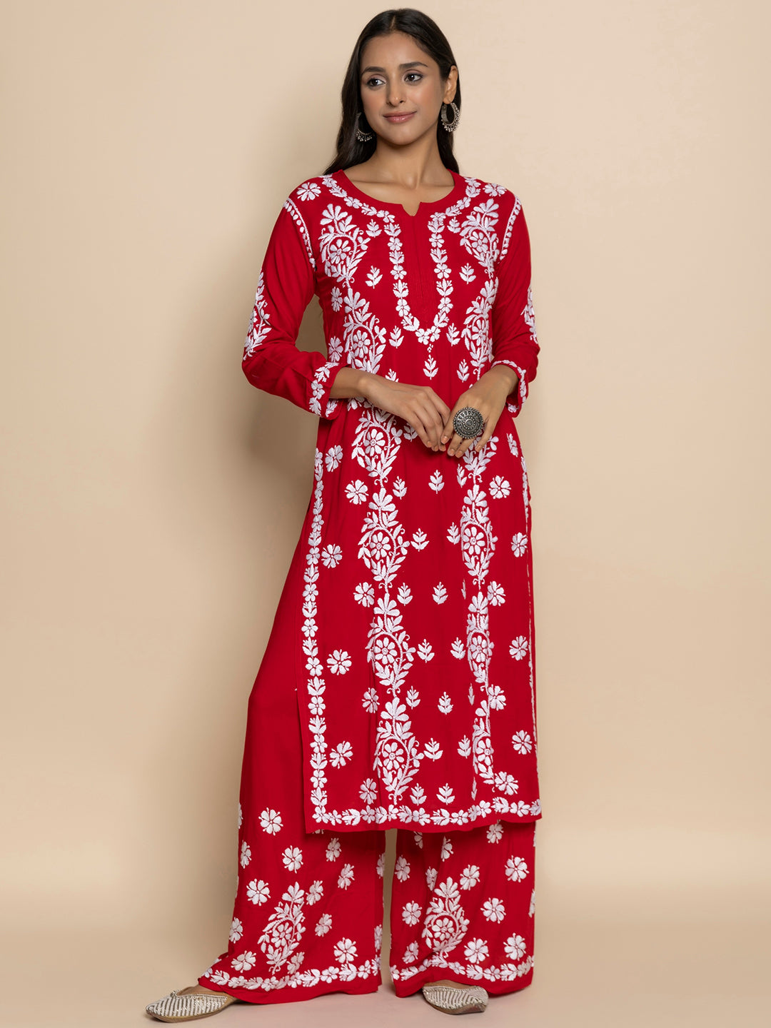 HOUSE OF KARI Floral Embroidered Chikankari Cotton A-Line Kurta - Distacart