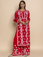 Thumbnail for HOUSE OF KARI Floral Embroidered Chikankari Cotton A-Line Kurta - Distacart