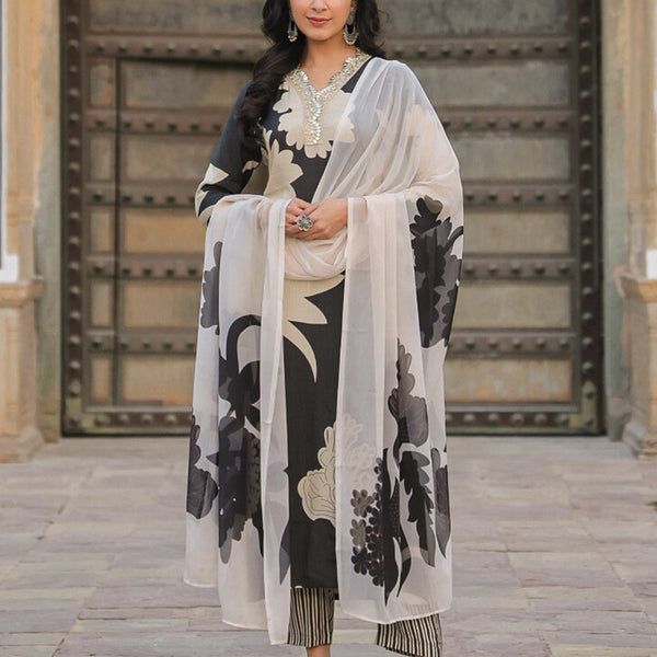 Kalini V-neck Embroidered Floral Print Kurta with Trousers & Dupatta - Distacart
