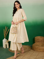 Thumbnail for Sangria Off White Floral Embroidered Mirror Work Pure Cotton Anarkali Kurta Set
