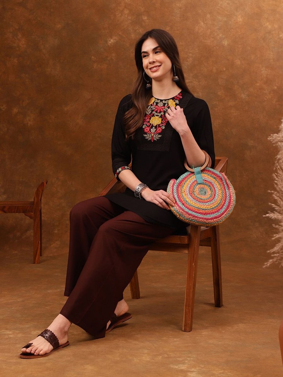Anouk Floral Yoke Design Thread Work Straight Kurta