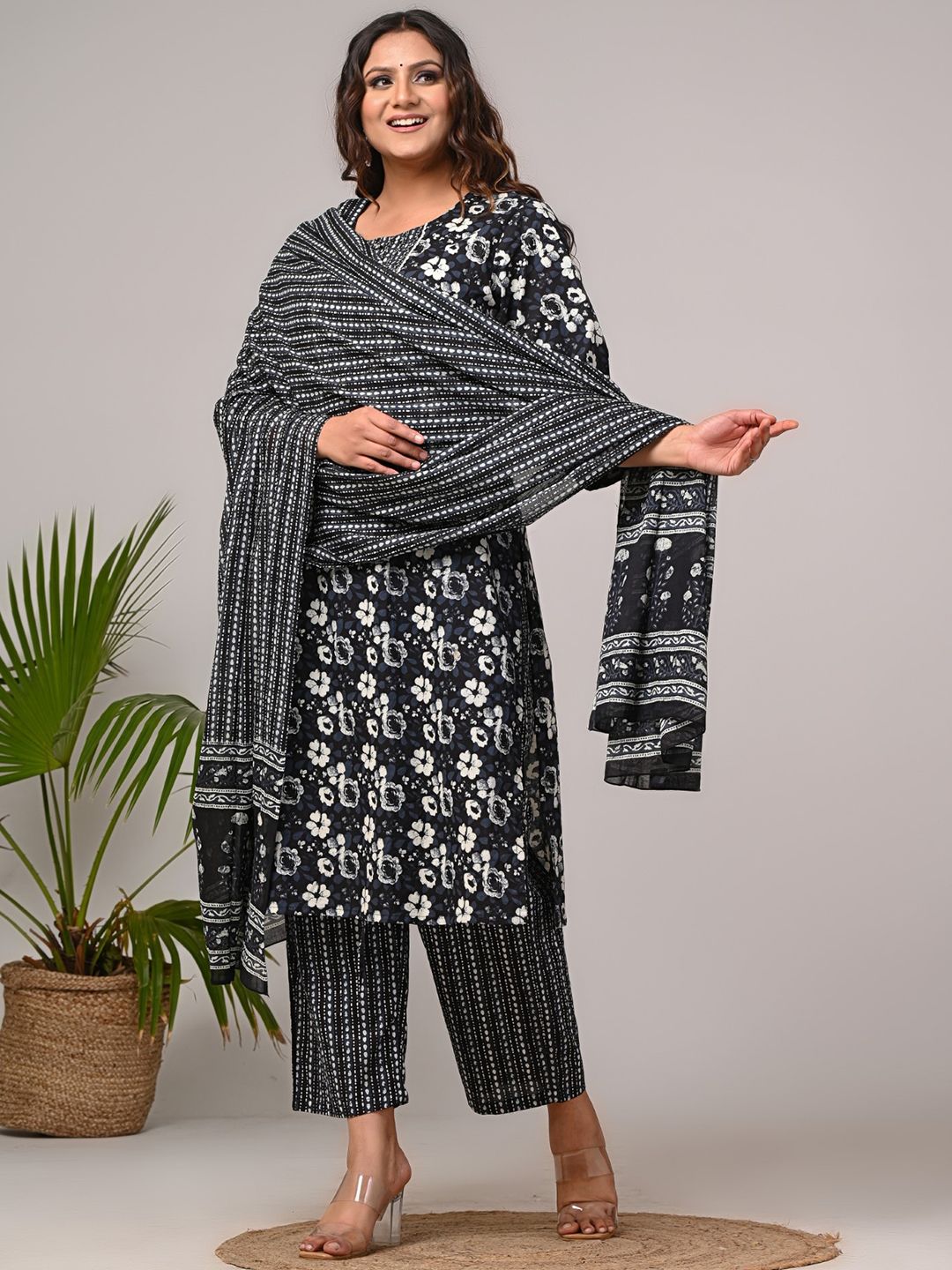 Swasti Plus Size Printed Sequinned Pure Cotton Straight Kurta With Trousers & Dupatta - Distacart