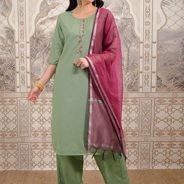 Vishudh Green Embroidered Thread Work Kurta with Trouser & Dupatta - Distacart
