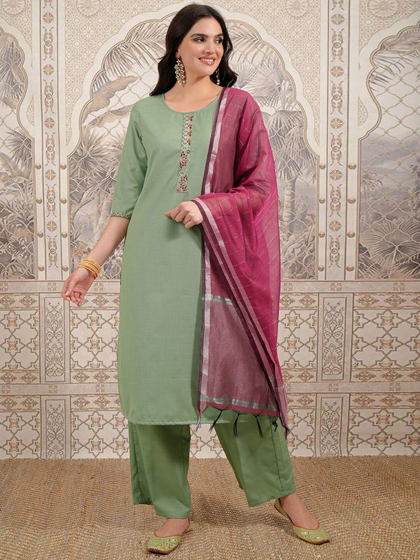 Vishudh Green Embroidered Thread Work Kurta with Trouser & Dupatta