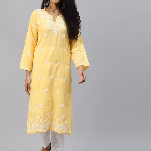 ADA Women Yellow Ethnic Motifs Embroidered Chikankari Handloom Kurta with Palazzos - Distacart