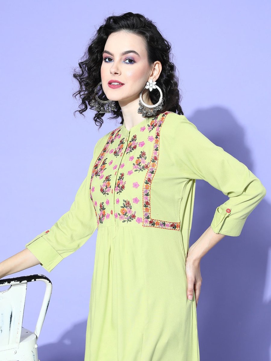 All About You Women Green Floral Embroidered Mirror Work Floral Anarkali Kurta - Distacart