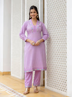 Thumbnail for Kalini Floral Embroidered V-Neck Thread Work Pure Cotton Kurta With Trousers & Dupatta - Distacart