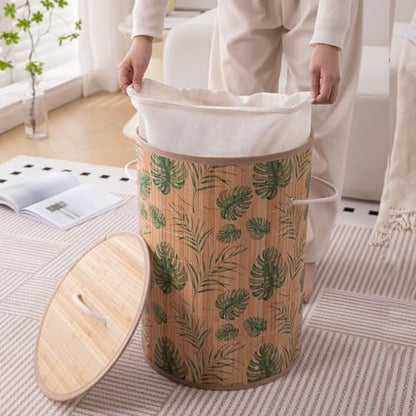 HOKIPO Eco-Friendly Foldable Bamboo Laundry Basket Hamper with Lid - Tropical Leaves - Dista