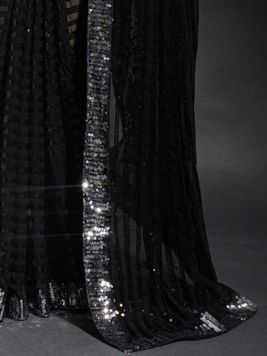 Anouk Black & Silver-Toned Embellished Sequinned Pure Georgette Saree - Distacart