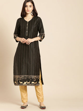 All About You Women Black & Gold Striped Regular Kurta with Trousers - Distacart
